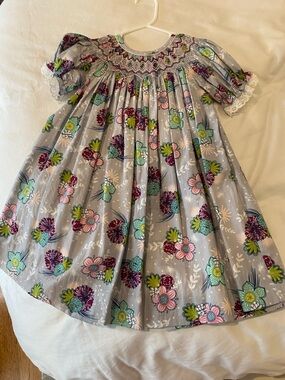 Girls' Floral Smocked Gray Dress - Elegant Pink, Green & Burgundy Accents